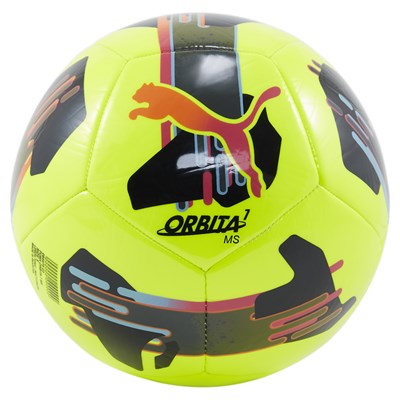 Puma Orbita 7 MS football with white and black panels, designed for outdoor soccer games, sporting goods product image.
