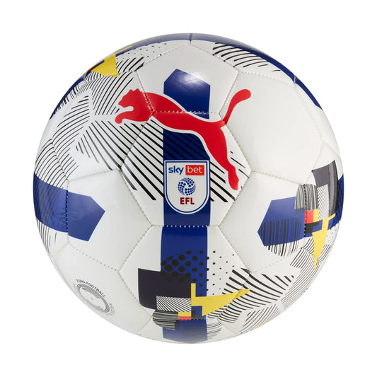 Puma Orbita 6 EFL Sky Bet training football with white and blue design, suitable for soccer practice and matches.