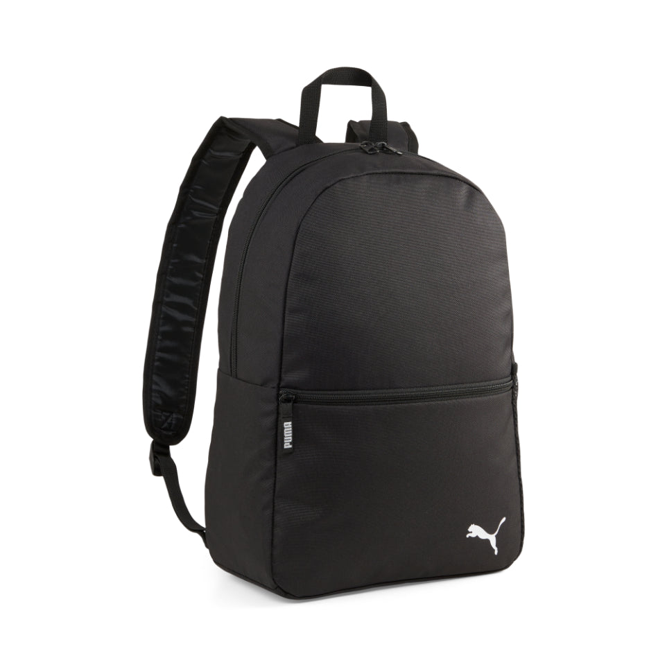 Puma teamGOAL Core Backpack 21L shown with black fabric, padded shoulder straps, and front zipper pocket for sporting goods storage.