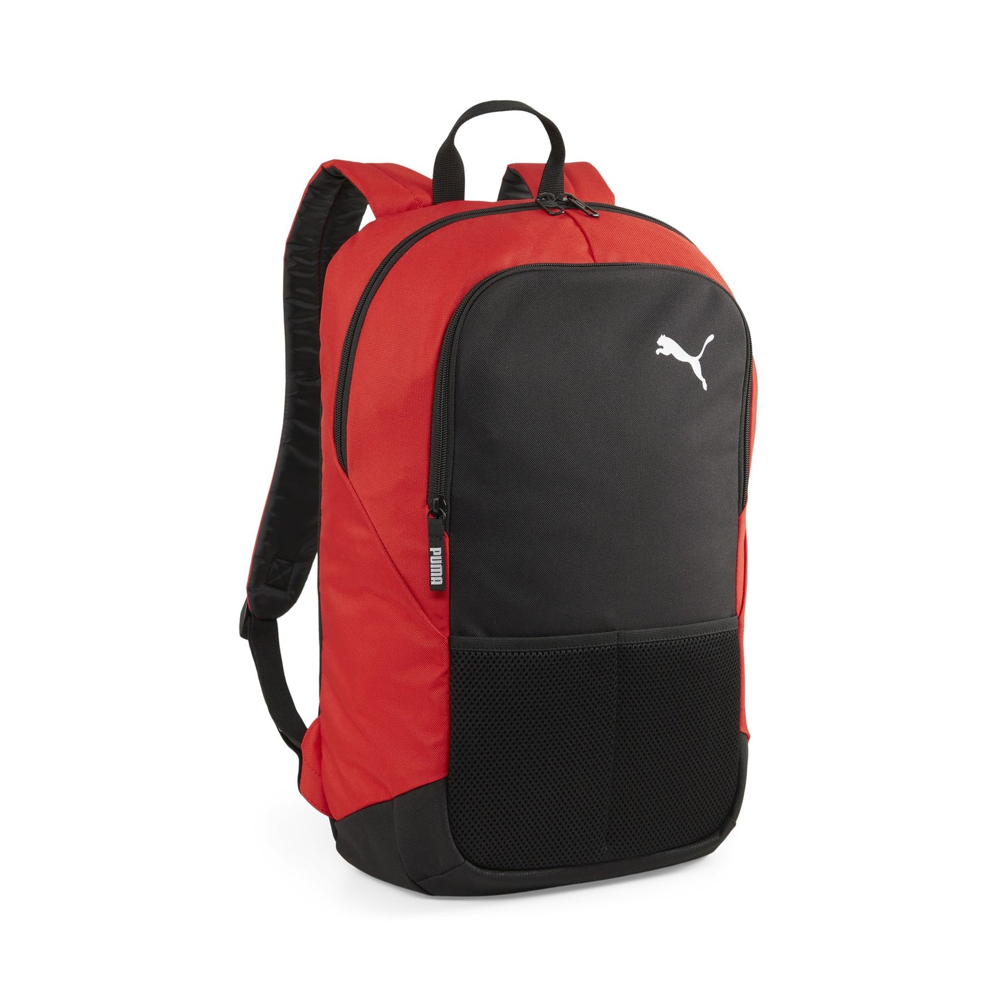 Puma teamGOAL backpack in black with multiple compartments and Puma logo, designed for sports and everyday use.