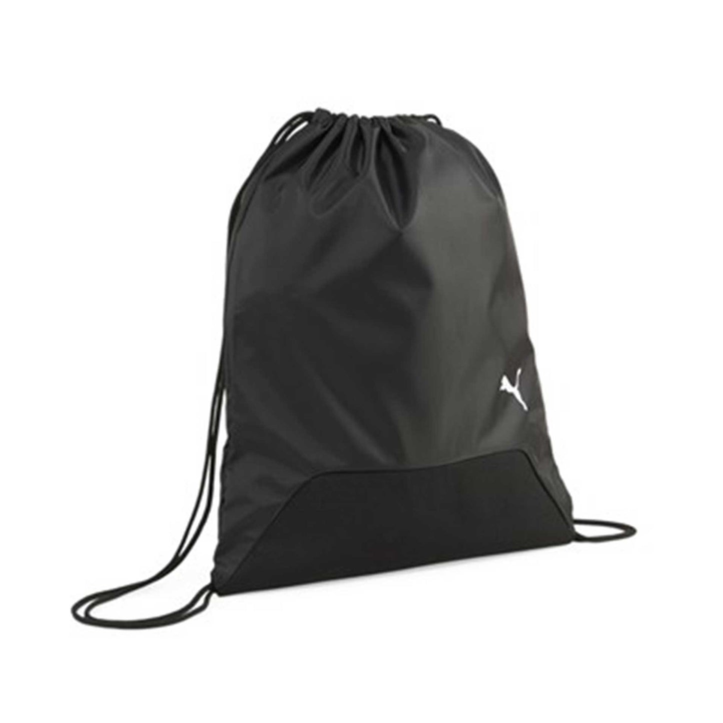 Puma teamGOAL gym sack with drawstring closure, black fabric with Puma logo, ideal for sports and gym accessories.