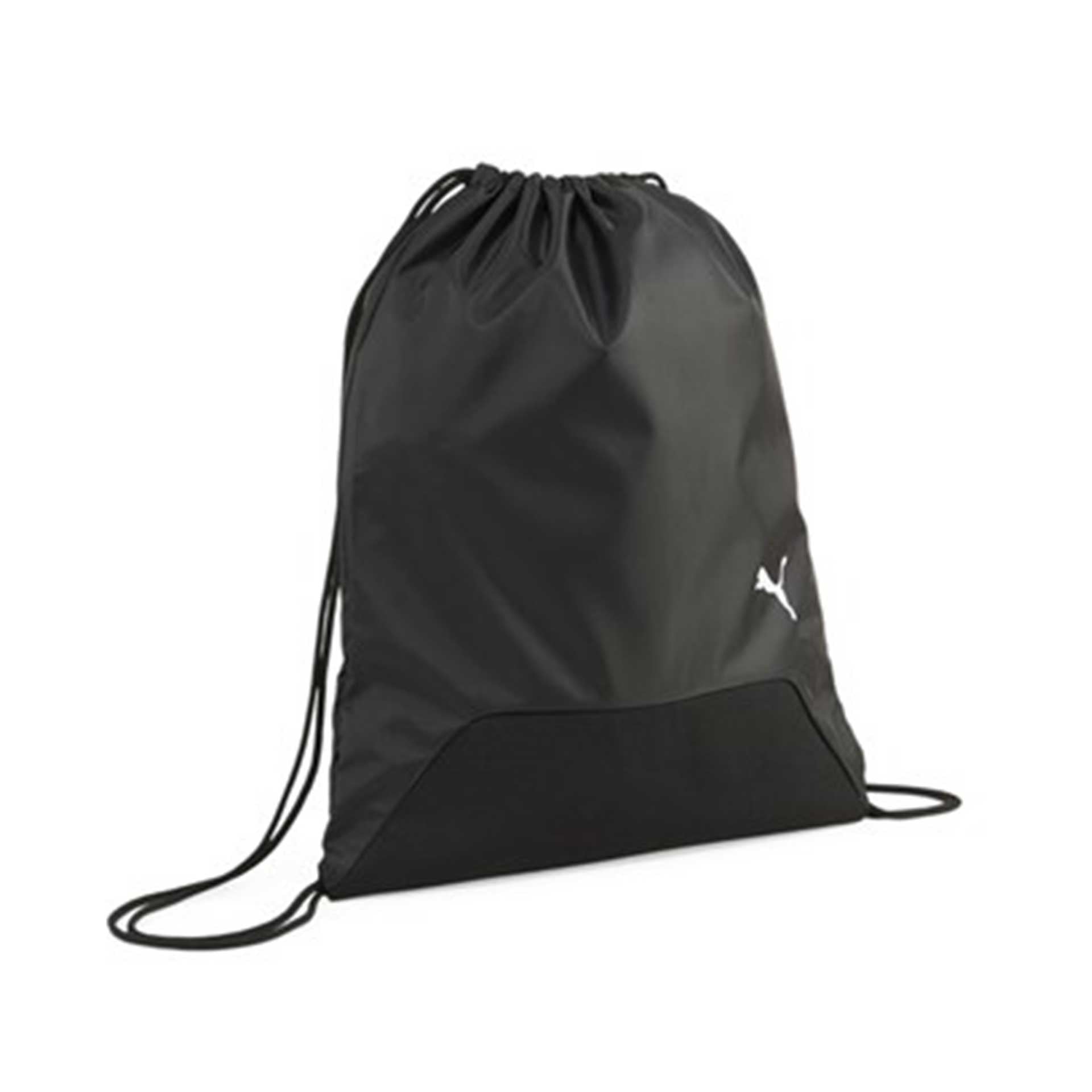 Puma teamGOAL gym sack with drawstring closure, black fabric with Puma logo, ideal for sports and gym accessories.