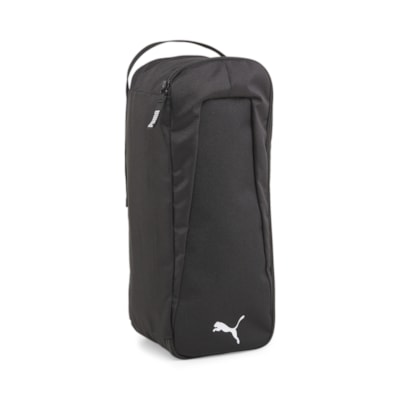Puma teamGOAL shoe bag in black with Puma logo, designed for sports shoes and athletic gear storage.