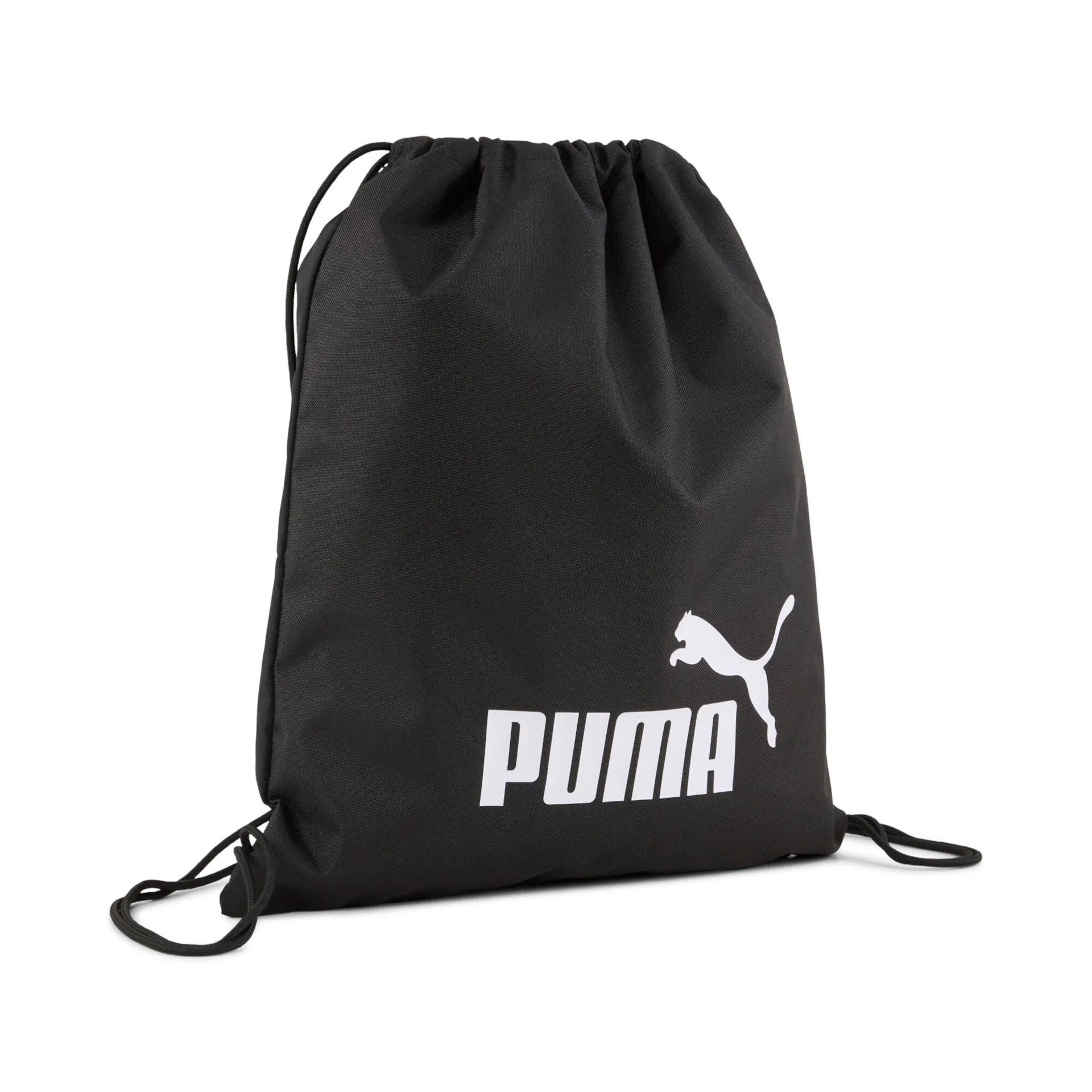 Puma Phase gym sack in black with drawstring closure and Puma logo, suitable for sports and gym accessories.