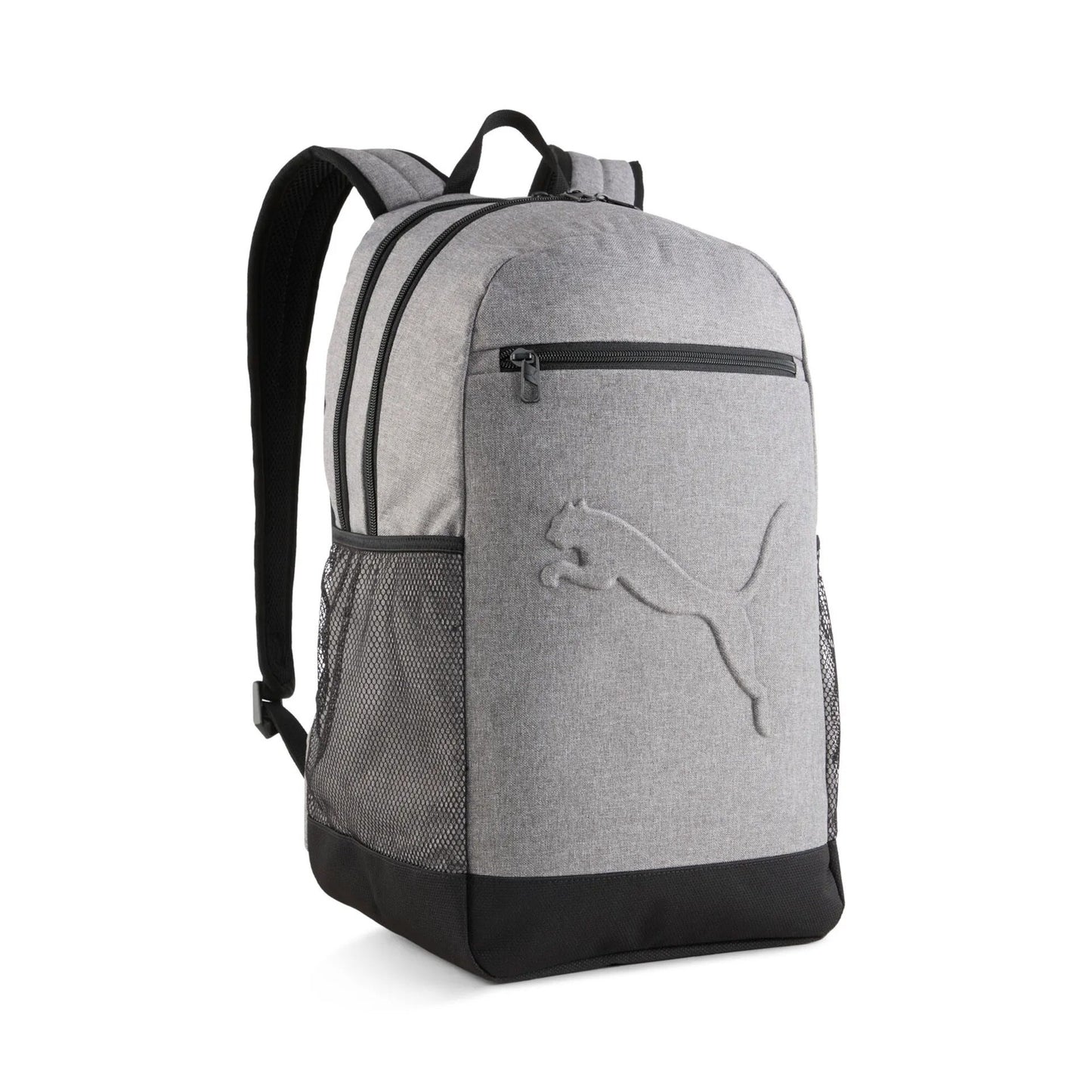 Puma Buzz backpack in black with Puma logo, featuring multiple compartments and adjustable straps for sporty everyday use.