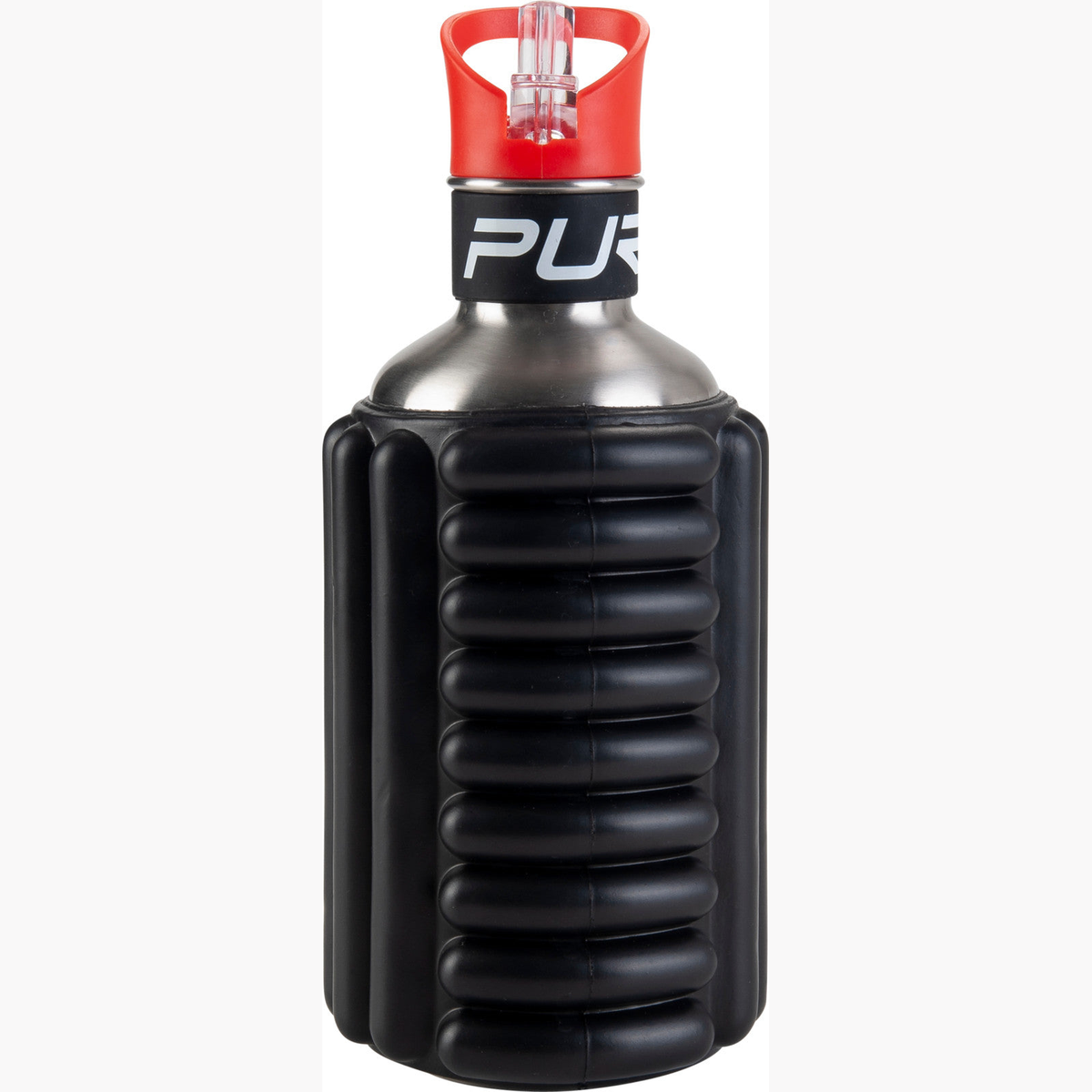 Pure2improve Foam Massage Bottle 1200ml for sports recovery and muscle relief, shown with white foam and black cap.