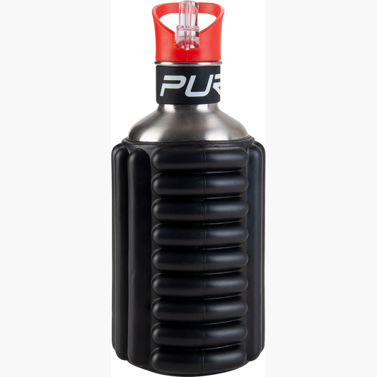 Pure2improve Foam Massage Bottle 1200ml for sports recovery and muscle relief, shown with white foam and black cap.