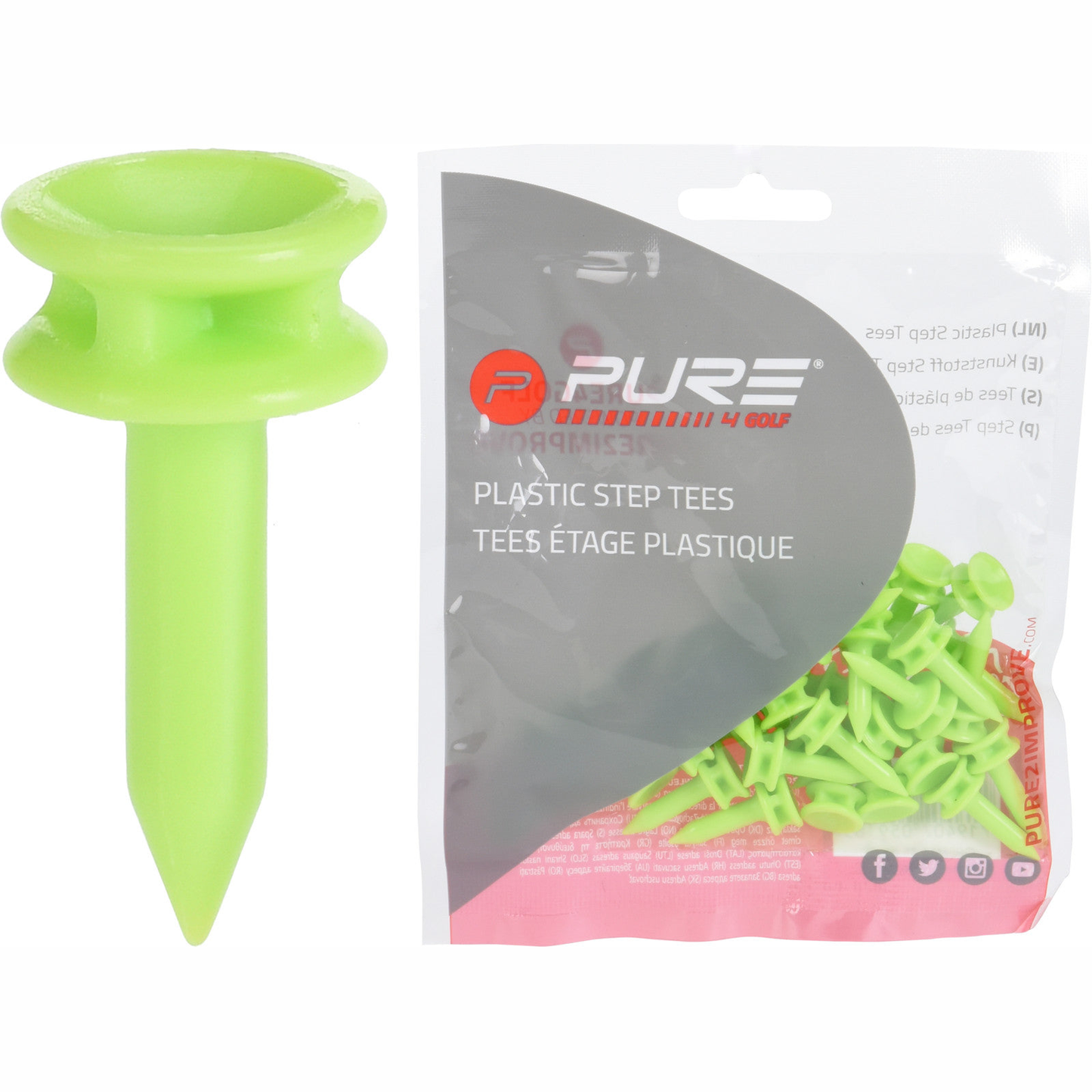 Pure2Improve Golf Step Tees in a bag of 25, standard size wooden golf tees for outdoor practice and play.