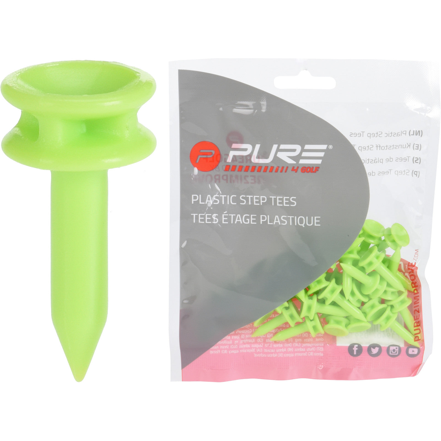 Pure2Improve Golf Step Tees in a bag of 25, showing green plastic tees with a stepped design for golf practice.