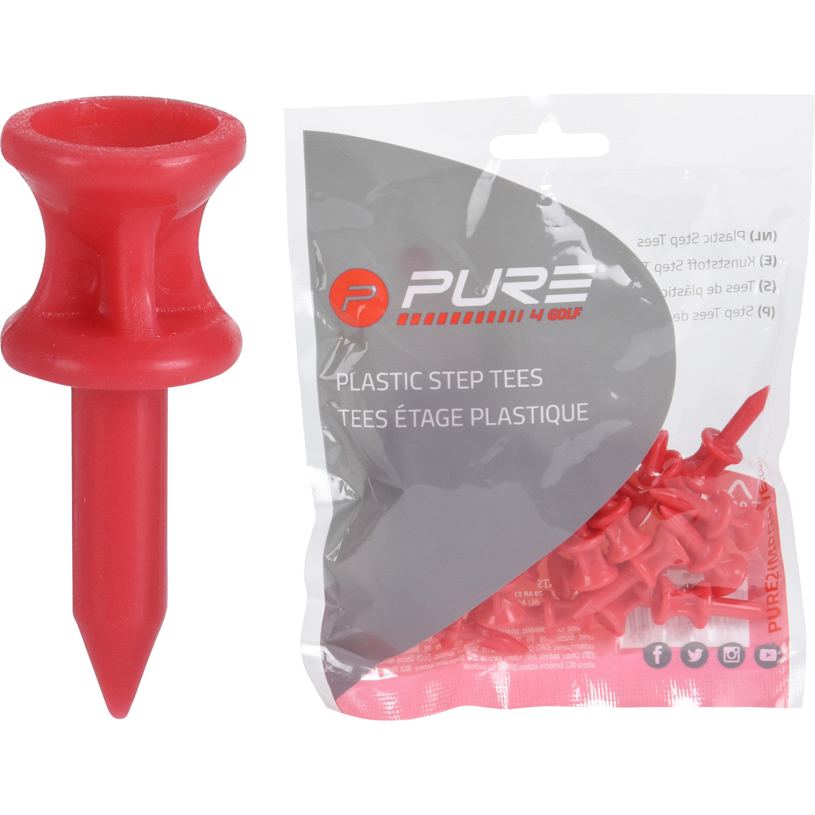 Pure2improve Golf Step Tees in a bag of 25, showing multiple wooden golf tees on a white background.