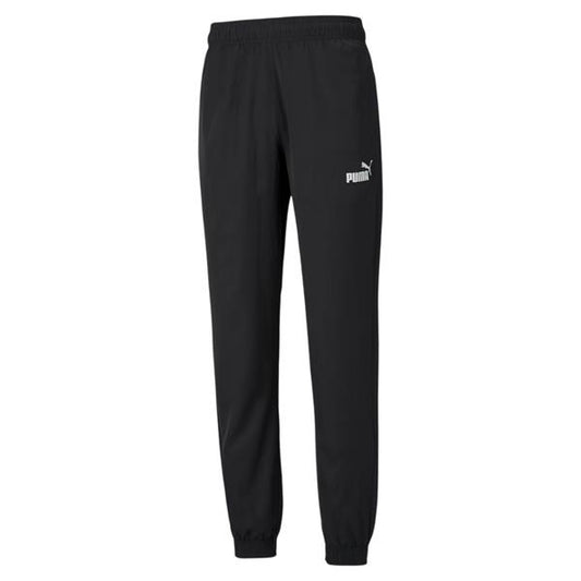 Puma men's woven jogger pants in black, featuring elastic cuffs and side pockets, ideal for athletic and casual wear.