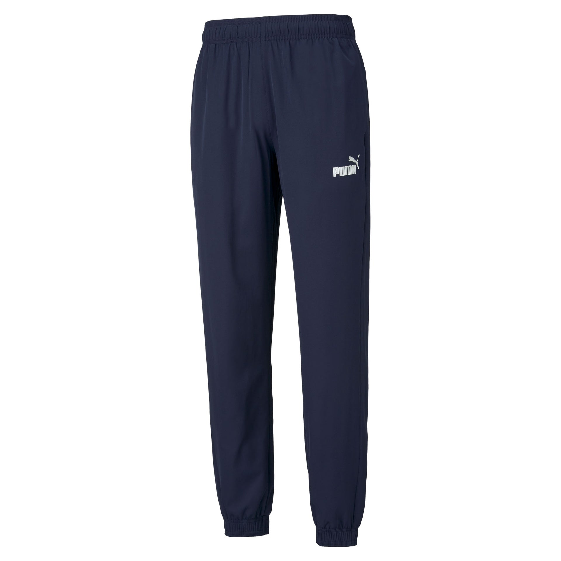 Puma men's woven jogger pants in black with side pockets, athletic fit, and Puma logo on the thigh, suitable for sports and casual wear.