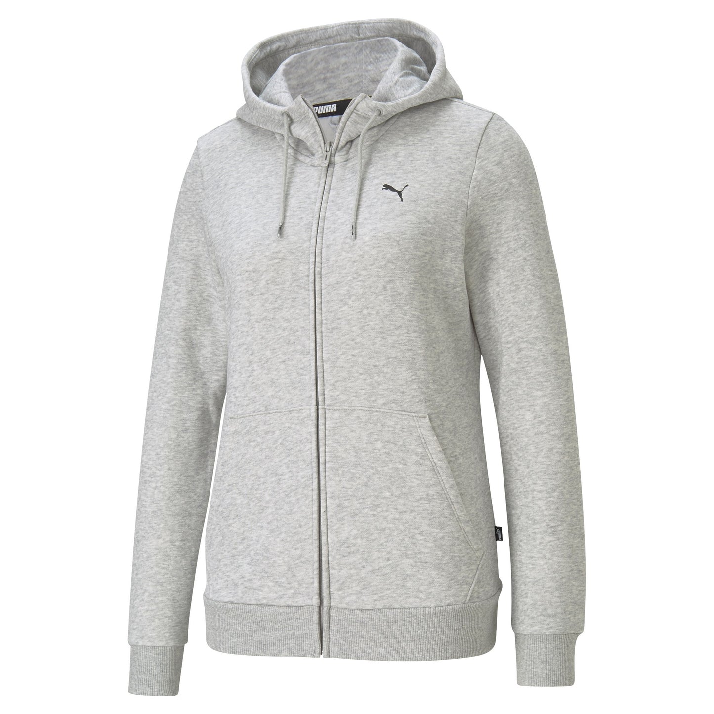 Puma women's small logo zip hoodie in black, featuring front zipper and long sleeves, casual athletic wear for women.