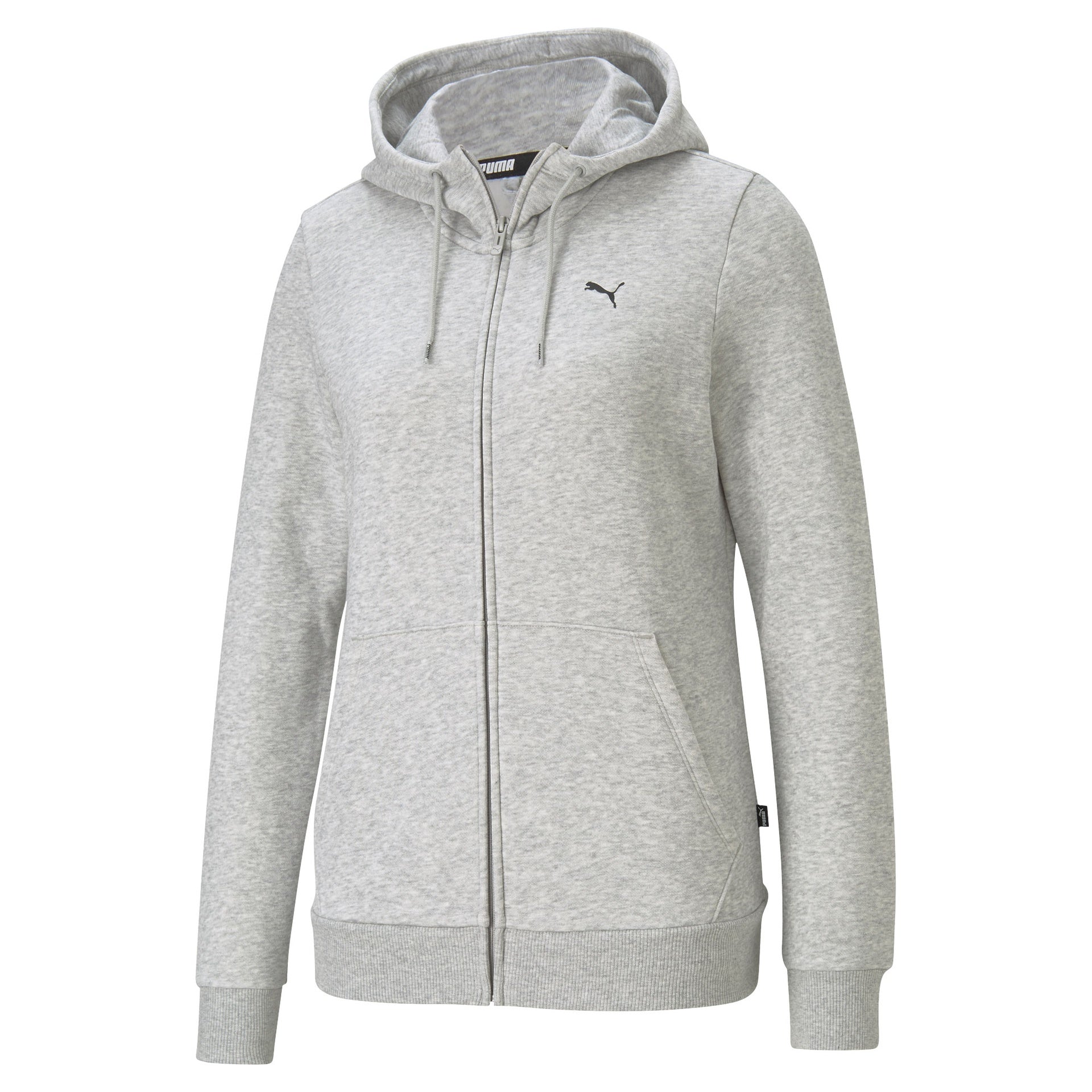 Puma women's small logo zip hoodie in sporting goods, white with front zipper and Puma logo on chest.