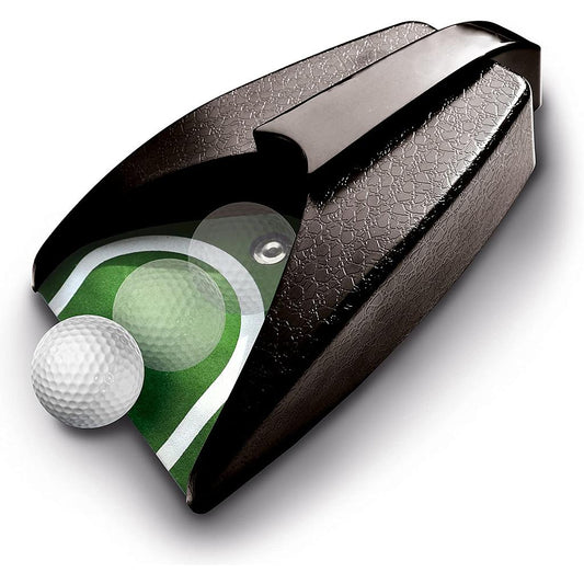 Longridge Black Auto Putt Returner for golf practice, showing its compact design and durable build for automatic putting ball return.