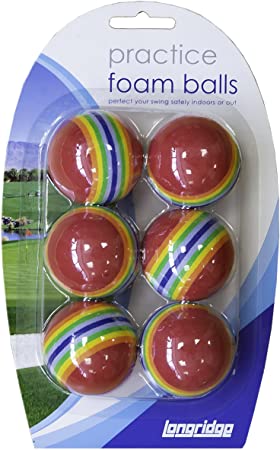 Set of six Longridge foam practice golf balls in assorted bright colors, ideal for indoor and outdoor golf training.