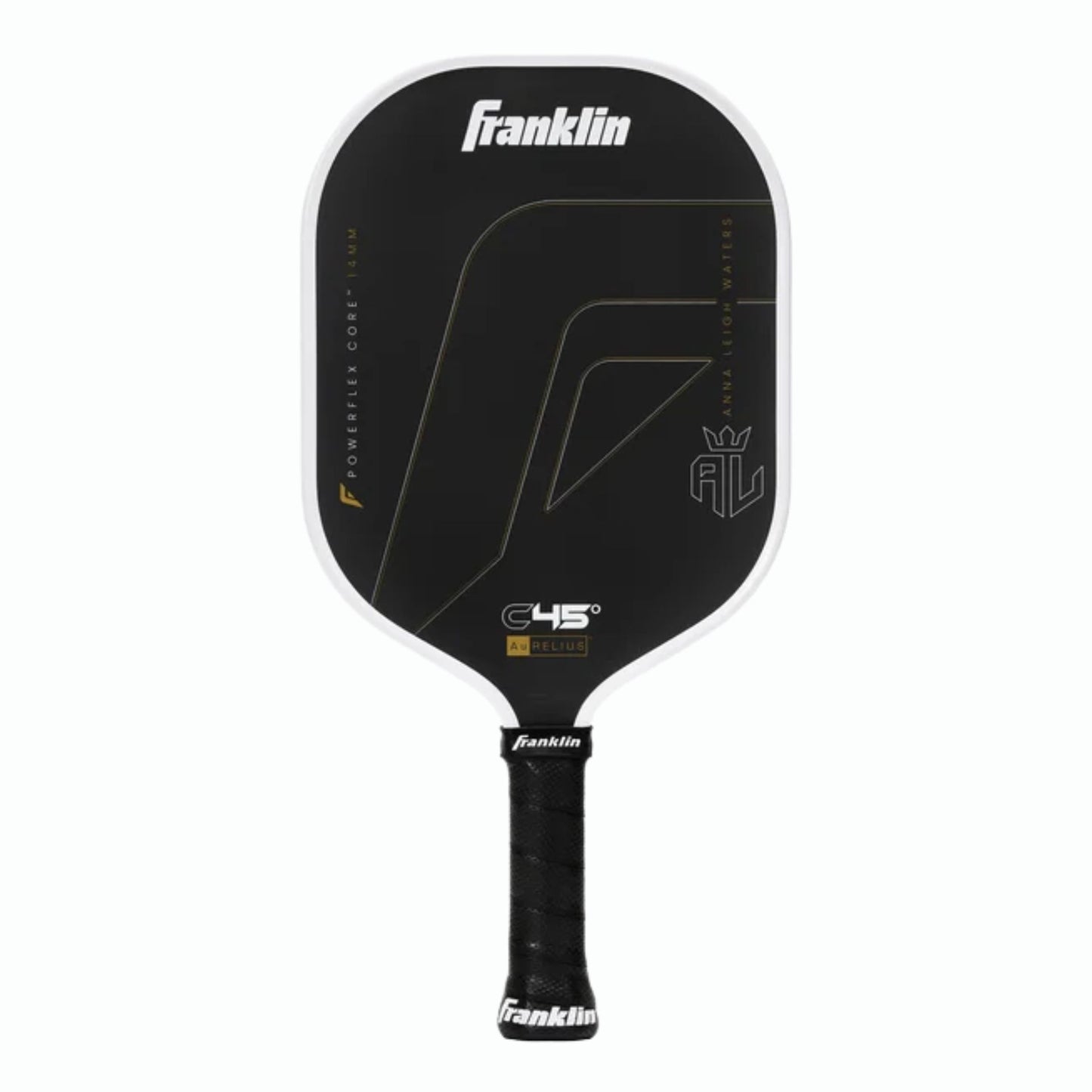 Franklin C45° Aurelius Carbon pickleball paddle with black and white design, featuring a sleek, lightweight sports equipment build.