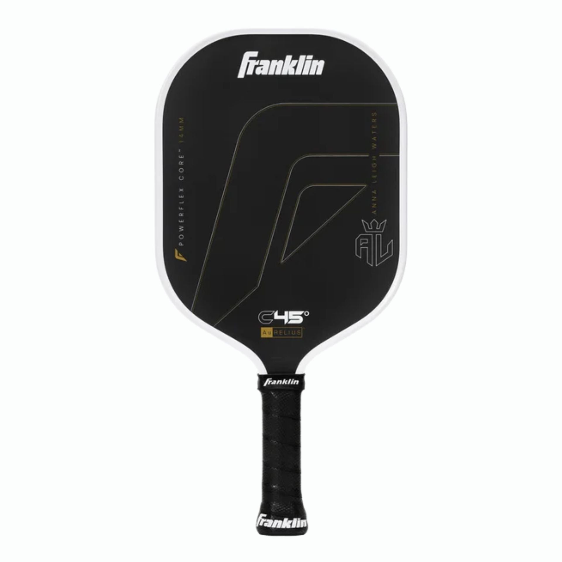 Franklin C45° Aurelius Carbon pickleball paddle with black and white design, featuring a sleek, lightweight sports equipment build.