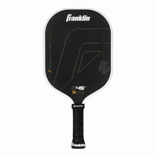 Franklin C45° Aurelius Carbon pickleball paddle with black and white design, featuring a sleek, lightweight sports equipment build.