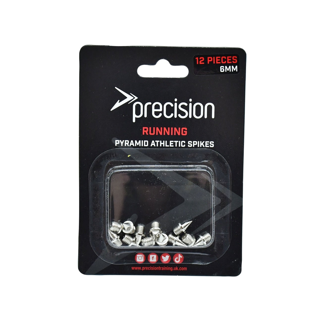 Set of 12 Precision Pyramid Athletic Spikes, 4-15mm, for running shoes, featuring sharp metal tips and durable metal bases.