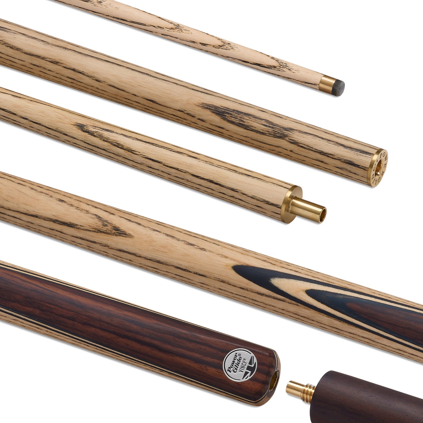 Powerglide Vinci 2-piece 57-inch snooker cue with 9.5mm tip and 18oz weight, designed for snooker and pool games.