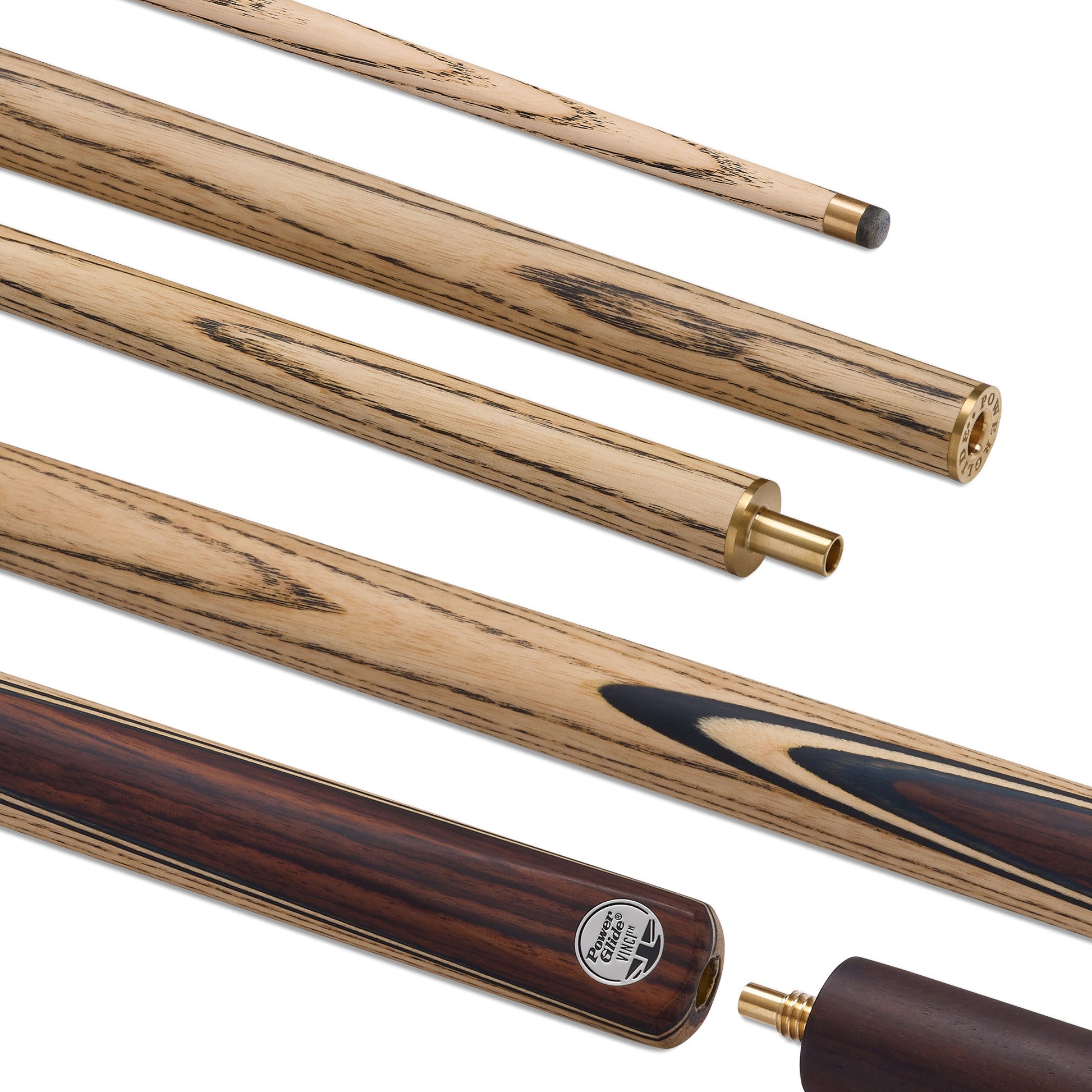 Powerglide Vinci 2-piece 57-inch snooker cue with 9.5mm tip and 18oz weight, designed for snooker and pool games.