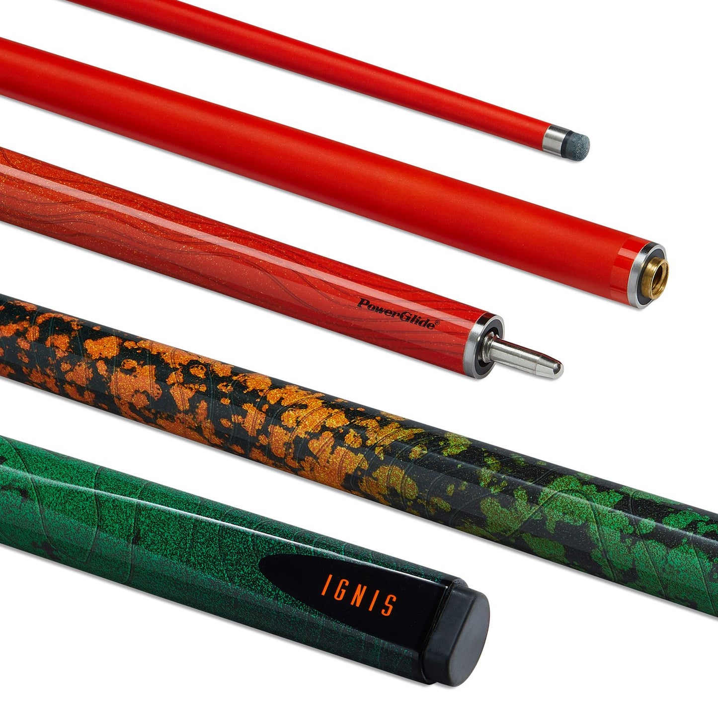 Powerglide Carbon Ignis snooker cue, 57-inch, 2-piece design with 10mm tip, 19oz weight, for pool and snooker gameplay.