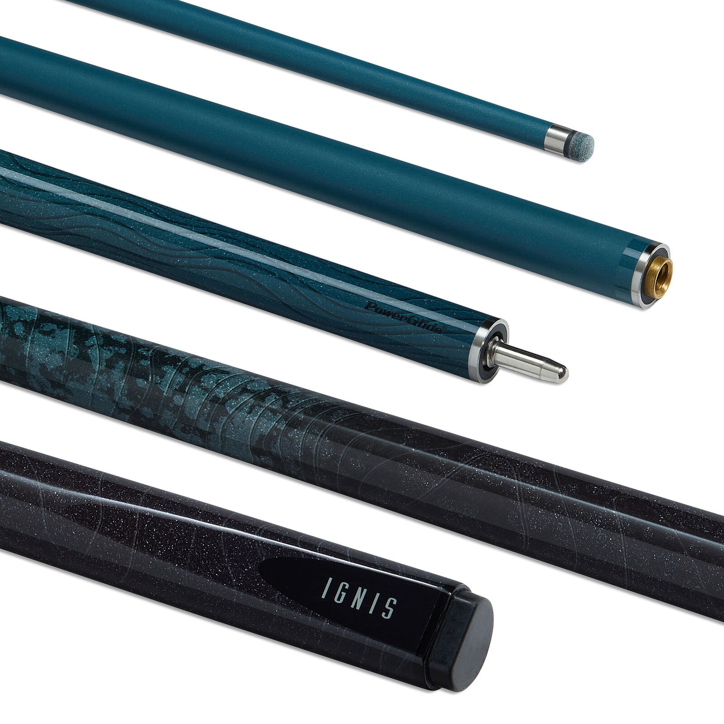 Powerglide Snooker Cue Carbon Ignis 57-inch, 2-piece, 10mm tip, 19oz, black with sleek design for snooker and pool.