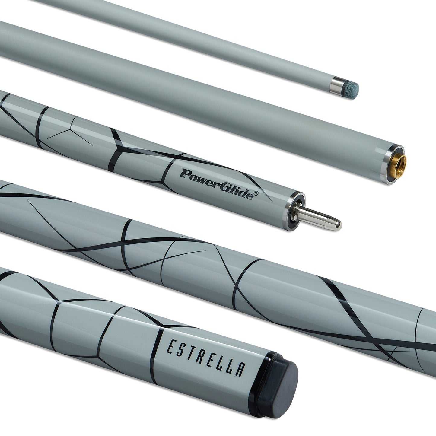 Powerglide snooker cue, 57-inch fibre glass two-piece with 10mm tip and 18oz weight, suitable for snooker and pool games.
