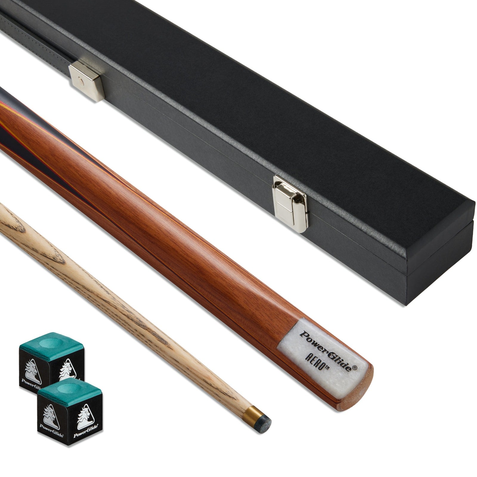Powerglide Aero 2-piece 57-inch snooker cue with 10mm tip, case, and two pieces of chalk on a snooker pool table.