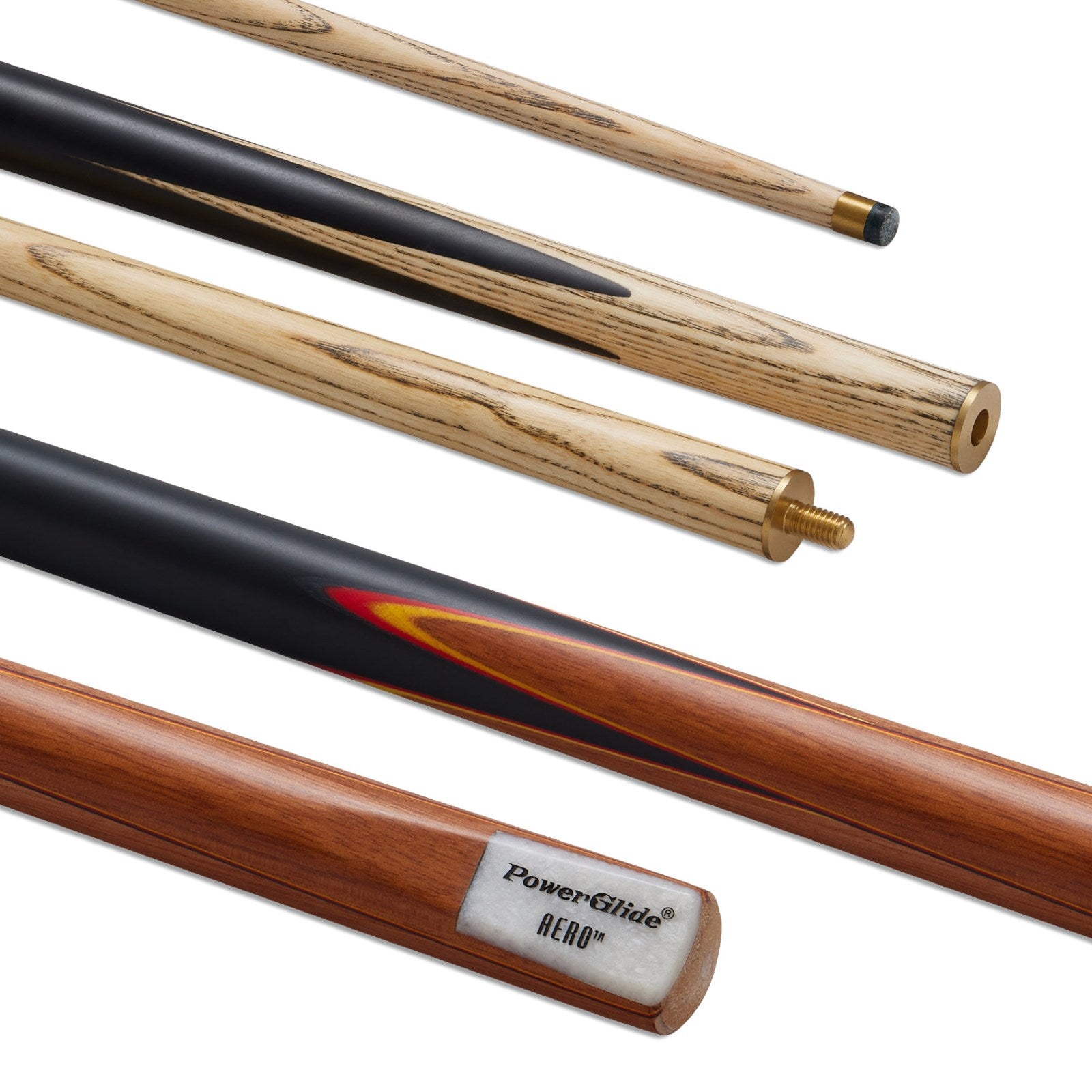 Powerglide Aero 2-piece snooker cue, 57 inches with 10mm tip, including cue case and two pieces of chalk.