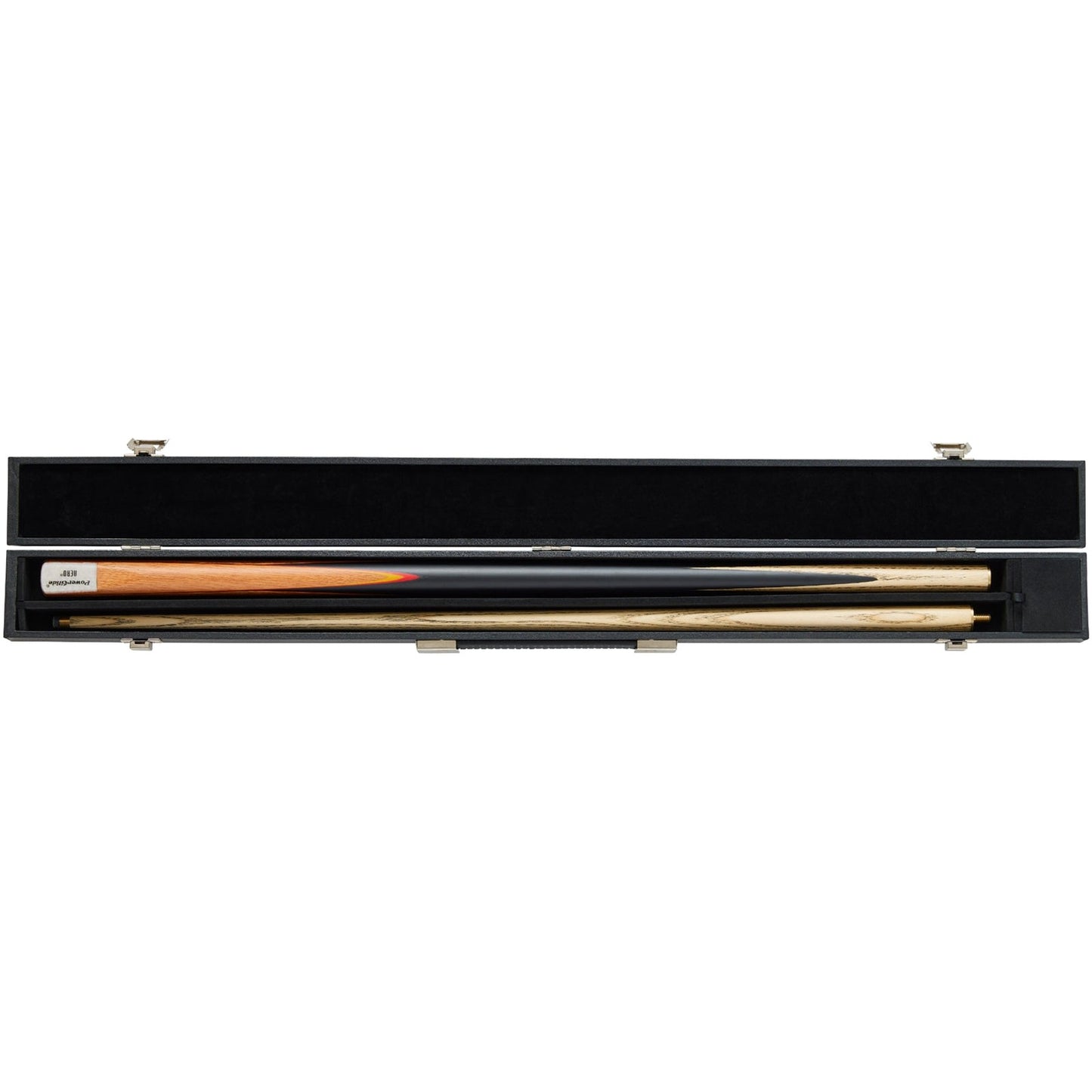 Powerglide Aero 2-piece snooker cue with 57-inch length, 10mm tip, along with case and two chalks.