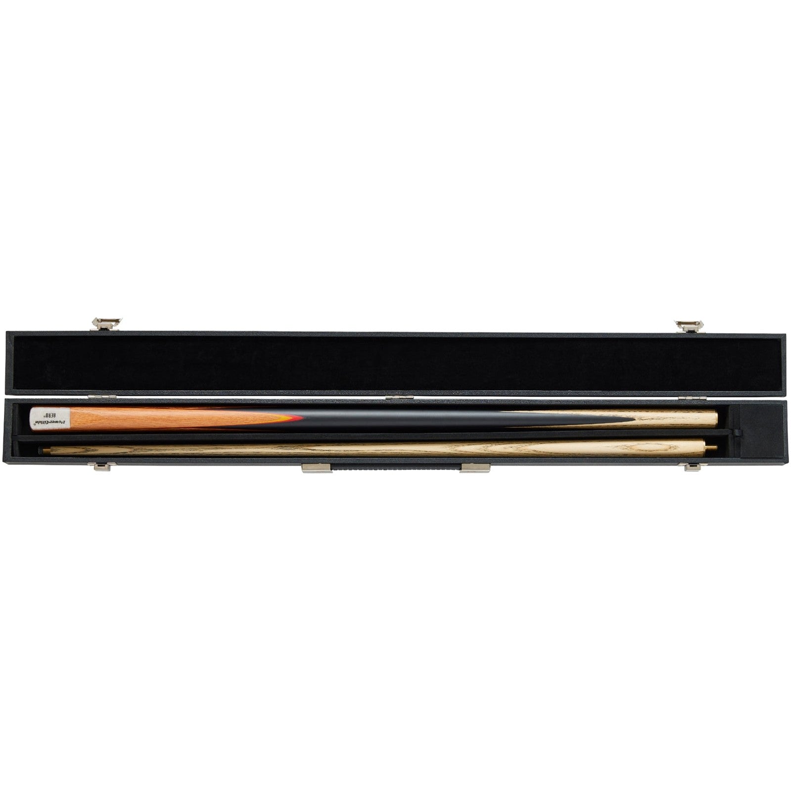 Powerglide Aero 2-piece snooker cue with 57-inch length, 10mm tip, along with case and two chalks.