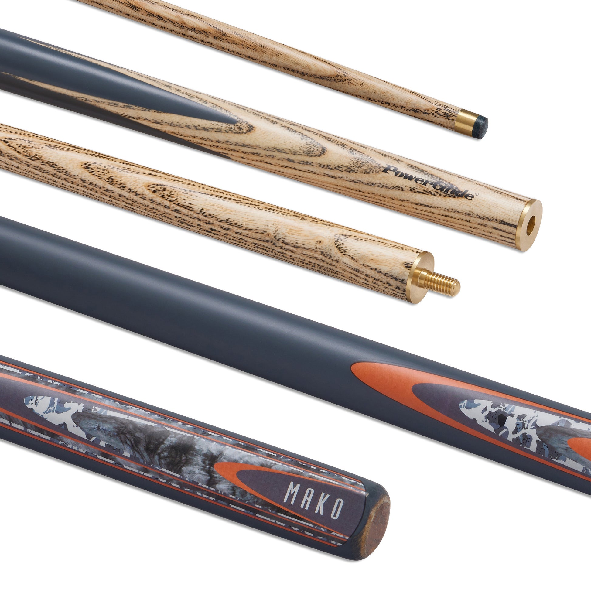 Powerglide Mako 2-piece 57-inch snooker cue with 10mm tip, designed for snooker and pool players, featuring a sleek wooden finish.