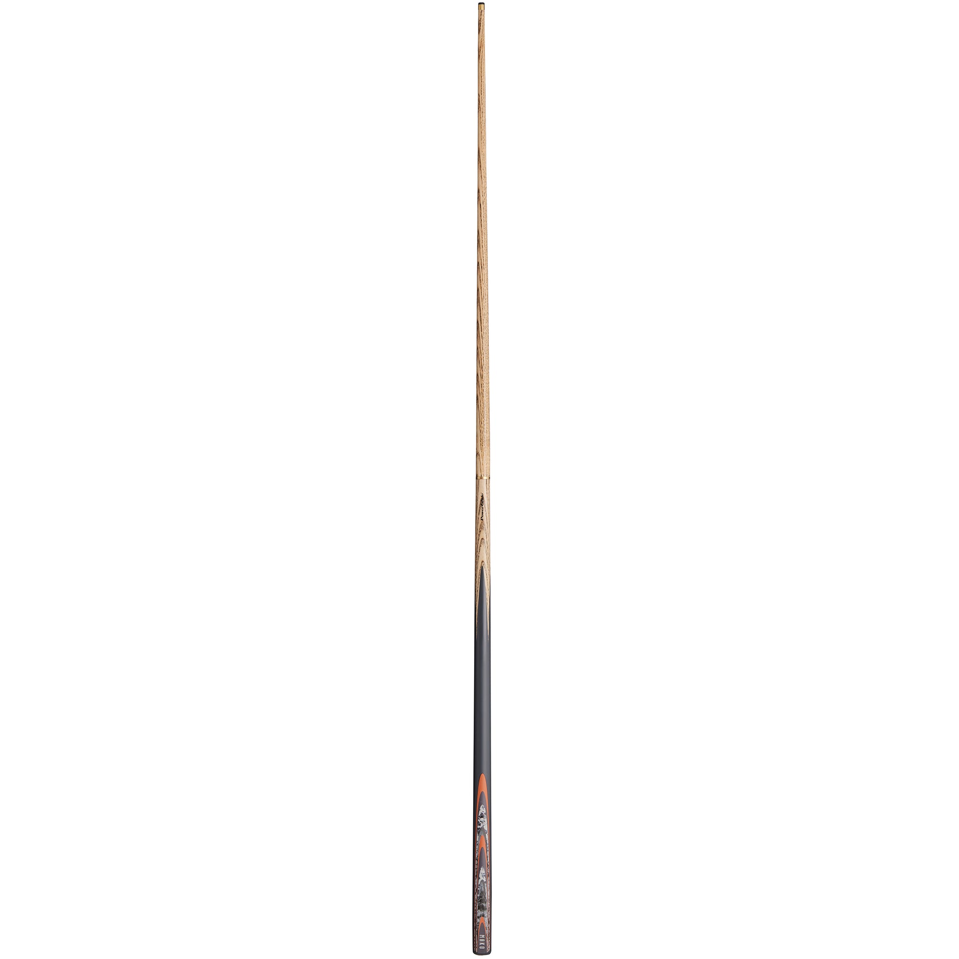 Powerglide Mako 2-piece snooker cue, 57 inches long with 10mm tip, shown in the image, designed for snooker and pool games.