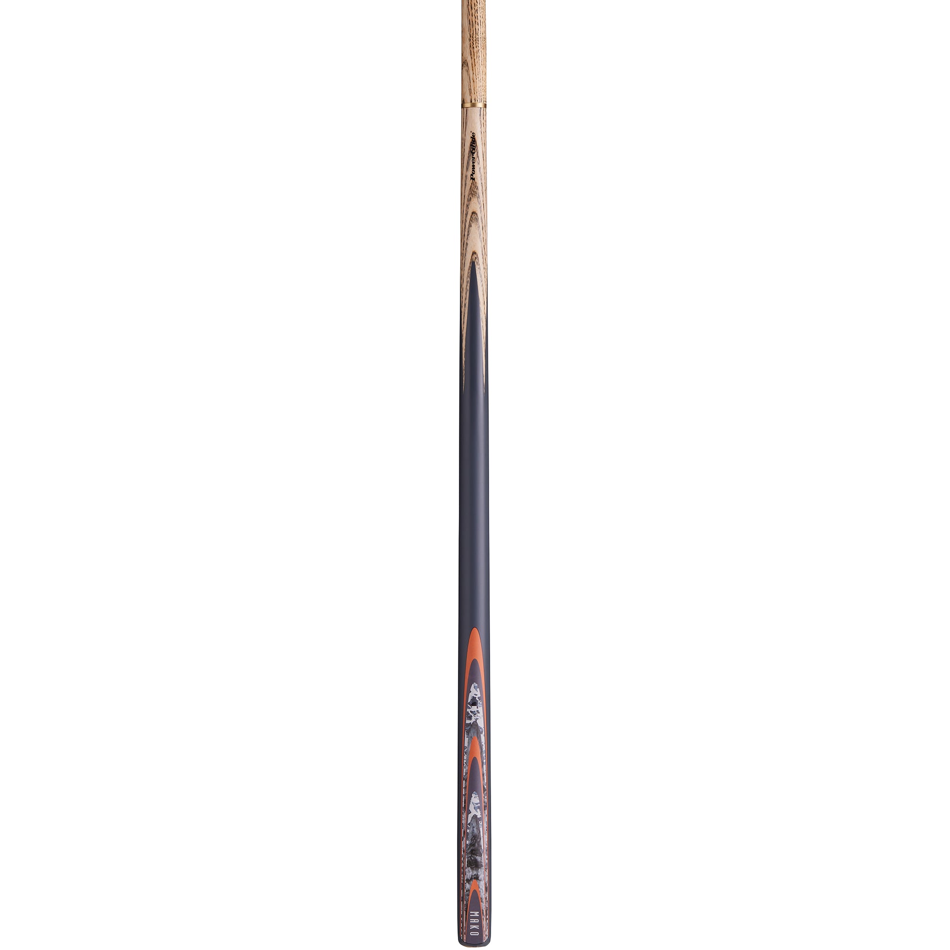 Powerglide Mako 2-piece snooker cue, 57 inches long with 10mm tip, showcasing a sleek snooker and pool cue design.