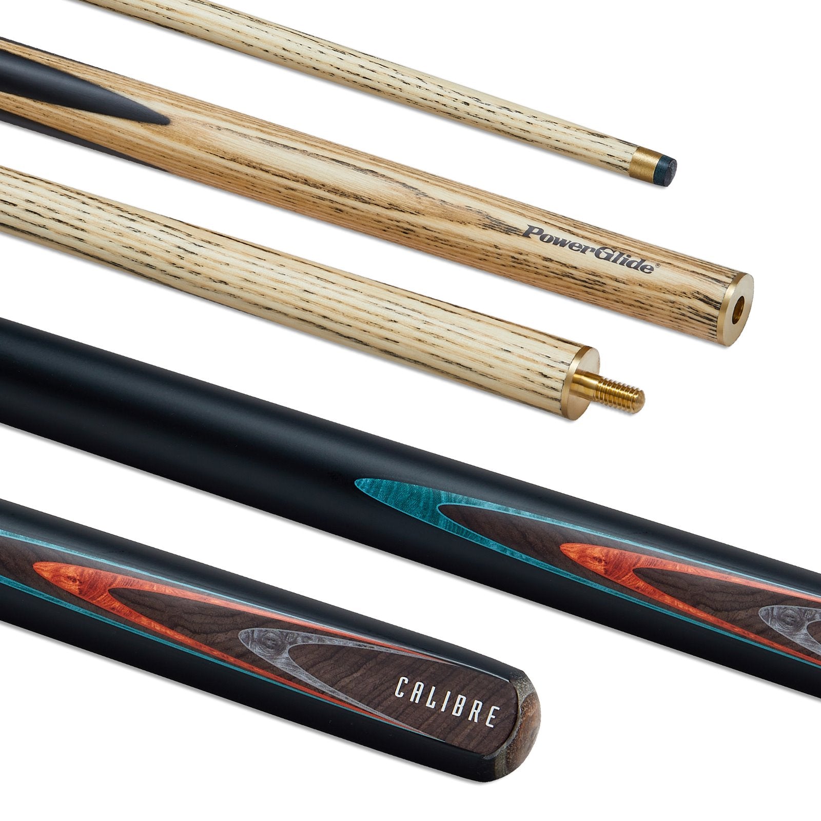 Powerglide 57-inch two-piece snooker cue with 10mm tip, designed for snooker and pool games, featuring a sleek black finish.