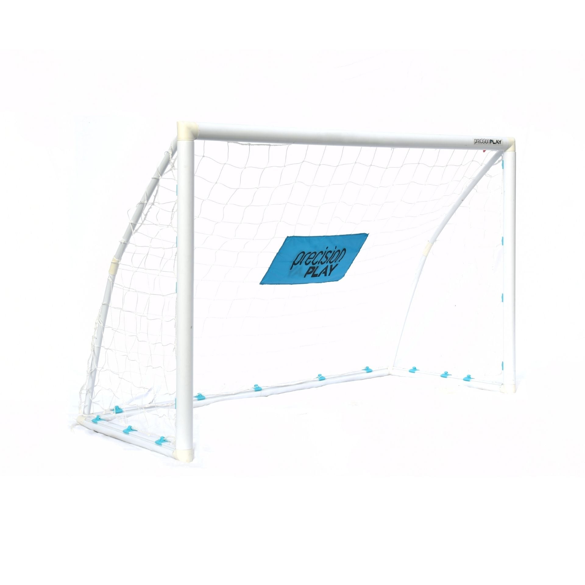 PrecisionPLAY Quick Net Football Garden Goal set up outdoors with a lightweight metal frame and netting for backyard soccer practice.