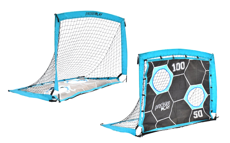 PrecisionPLAY 2-in-1 pop-up football goal with target net for sporting practice and fun, portable and easy to set up.