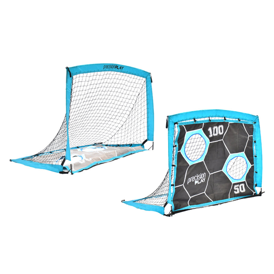PrecisionPLAY 2-in-1 pop-up football goal with target net for sporting activities, portable and easy to set up.