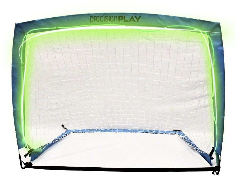 PrecisionPLAY Light Up Pop-Up Football Goal for sporting goods, featuring illuminated frame and easy setup for outdoor soccer play.