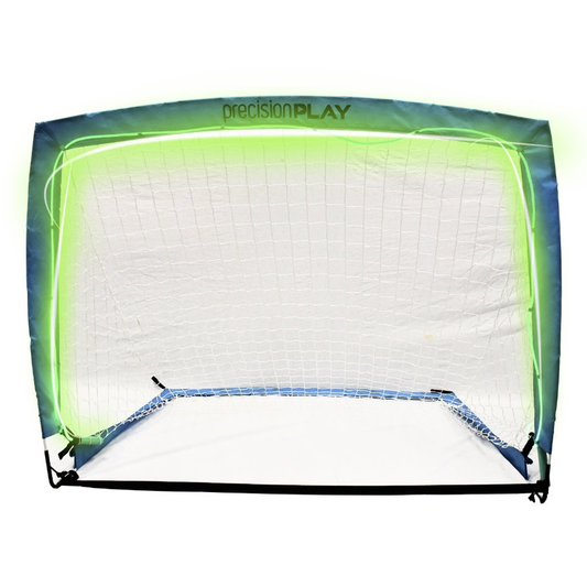 PrecisionPLAY light-up pop-up football goal for sports practice, portable with illuminated frame and net for quick setup.