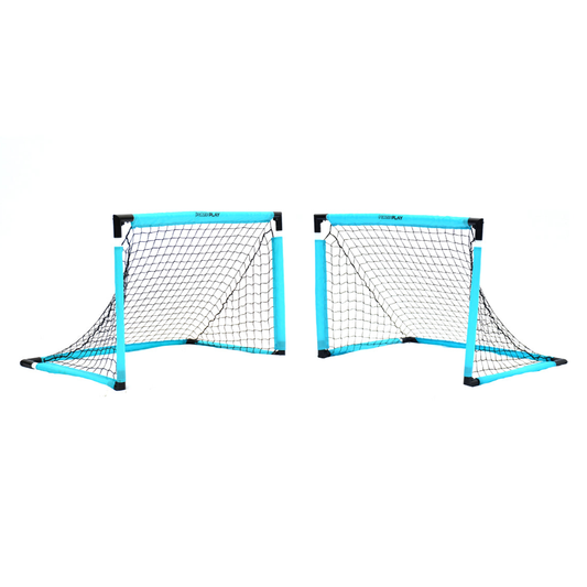 Pair of PrecisionPLAY quick folding football goals set up outdoors, featuring lightweight metal frames and netting for easy play.