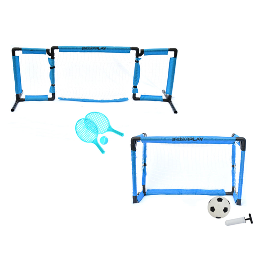 PrecisionPLAY 2-in-1 football goal and tennis net set for kids, featuring colorful frame and net, perfect for outdoor sports.
