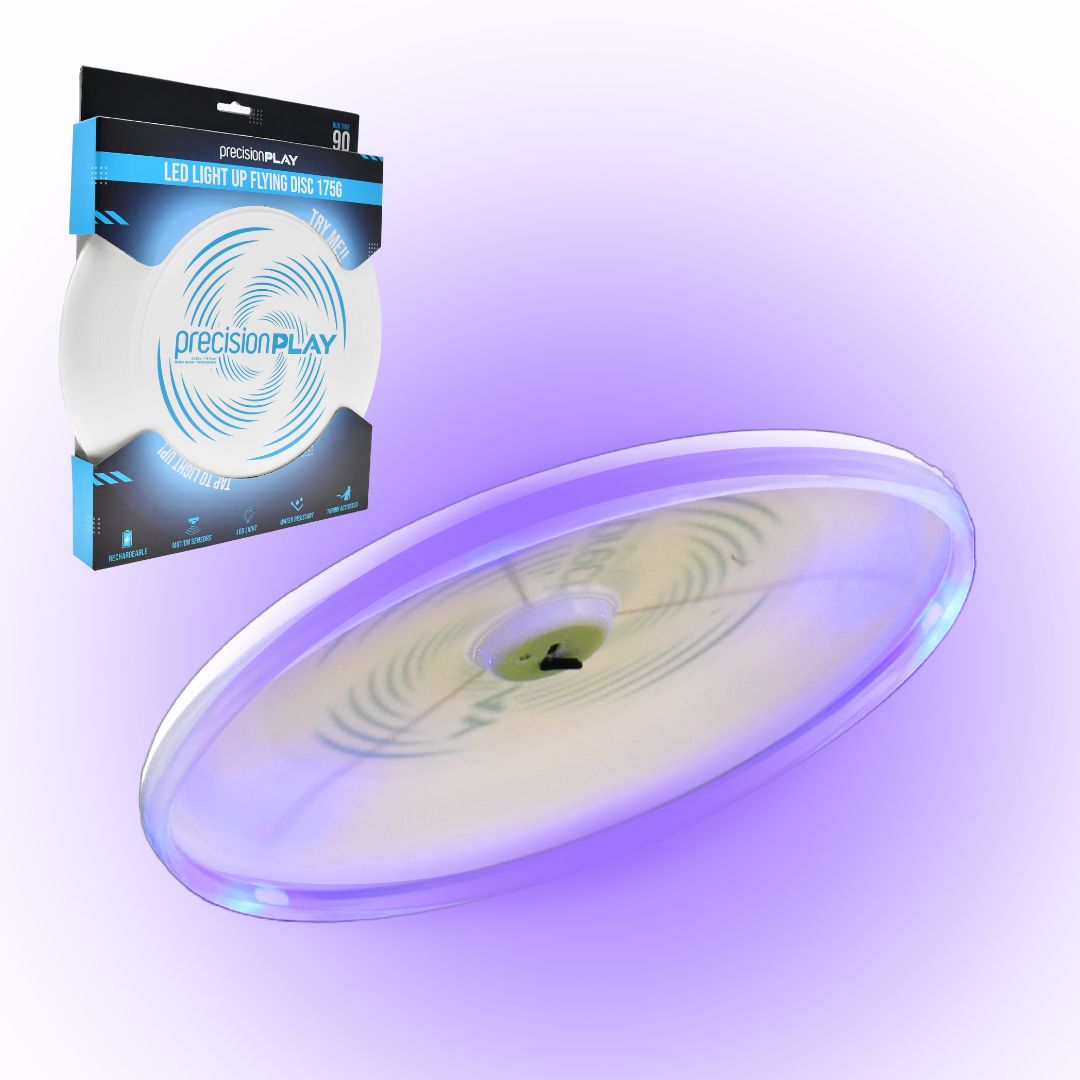 PrecisionPLAY LED flying disc for sports and outdoor play, illuminated with bright lights for visibility and fun.
