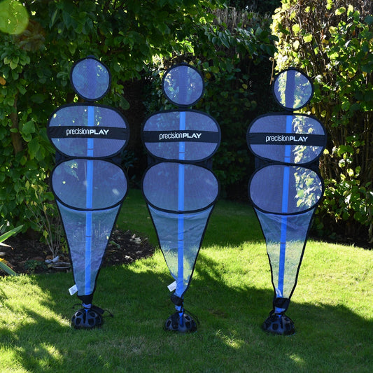 PrecisionPLAY Pop Up Football Mannequin Set includes three portable training mannequins for football practice and drills.