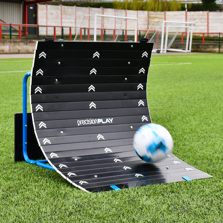 PrecisionPLAY Skills Trainer Ramp Rebounder for sporting goods, showing the adjustable ramp and rebound surface in action.