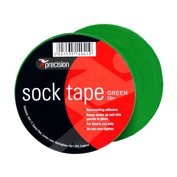 Stack of ten 19mm Precision Sock Tape rolls for sports, with black and white packaging and visible tape texture.