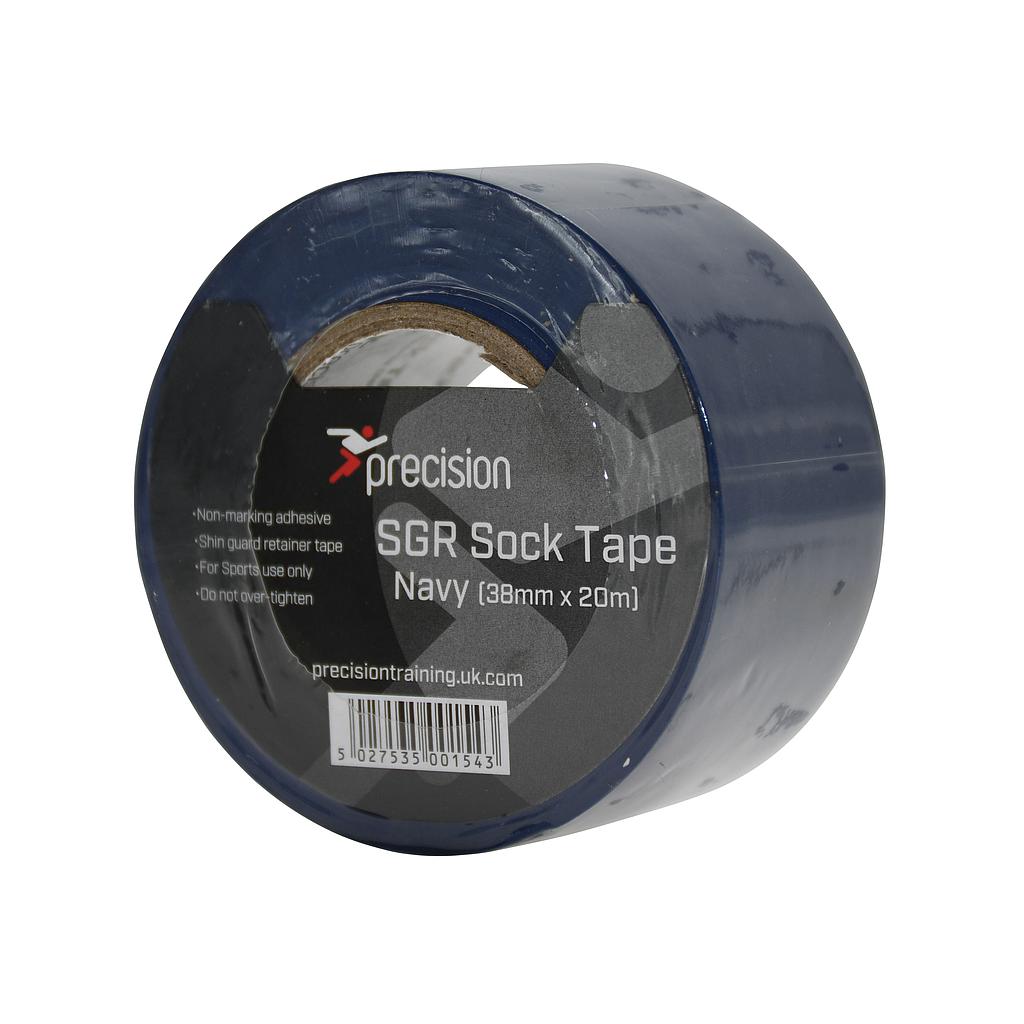 Pack of five Precision SGR Sock Tape 38mm for sports, showing white adhesive tape rolls with branding details.