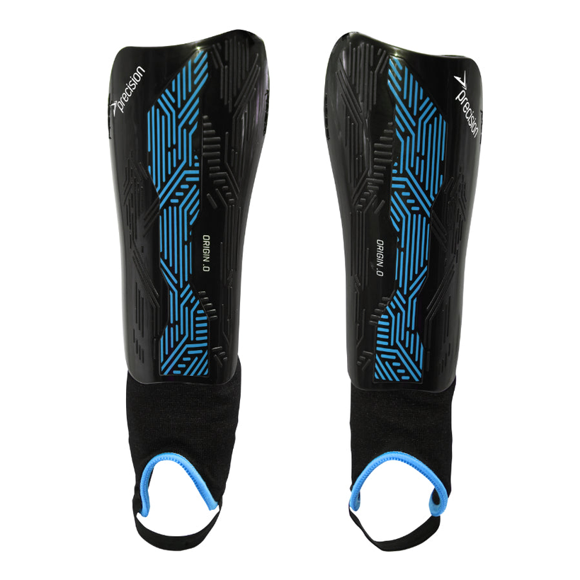 Precision Origin.0 shin and ankle guards for sports, showing black protective padding with adjustable straps on a plain background.